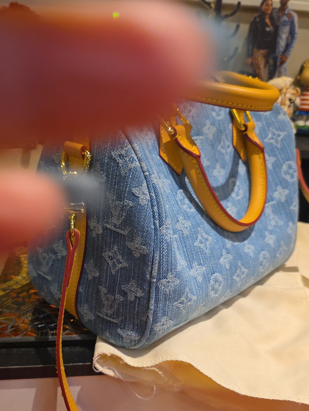 Denim Monogram Crossbody Bag with Yellow Trim